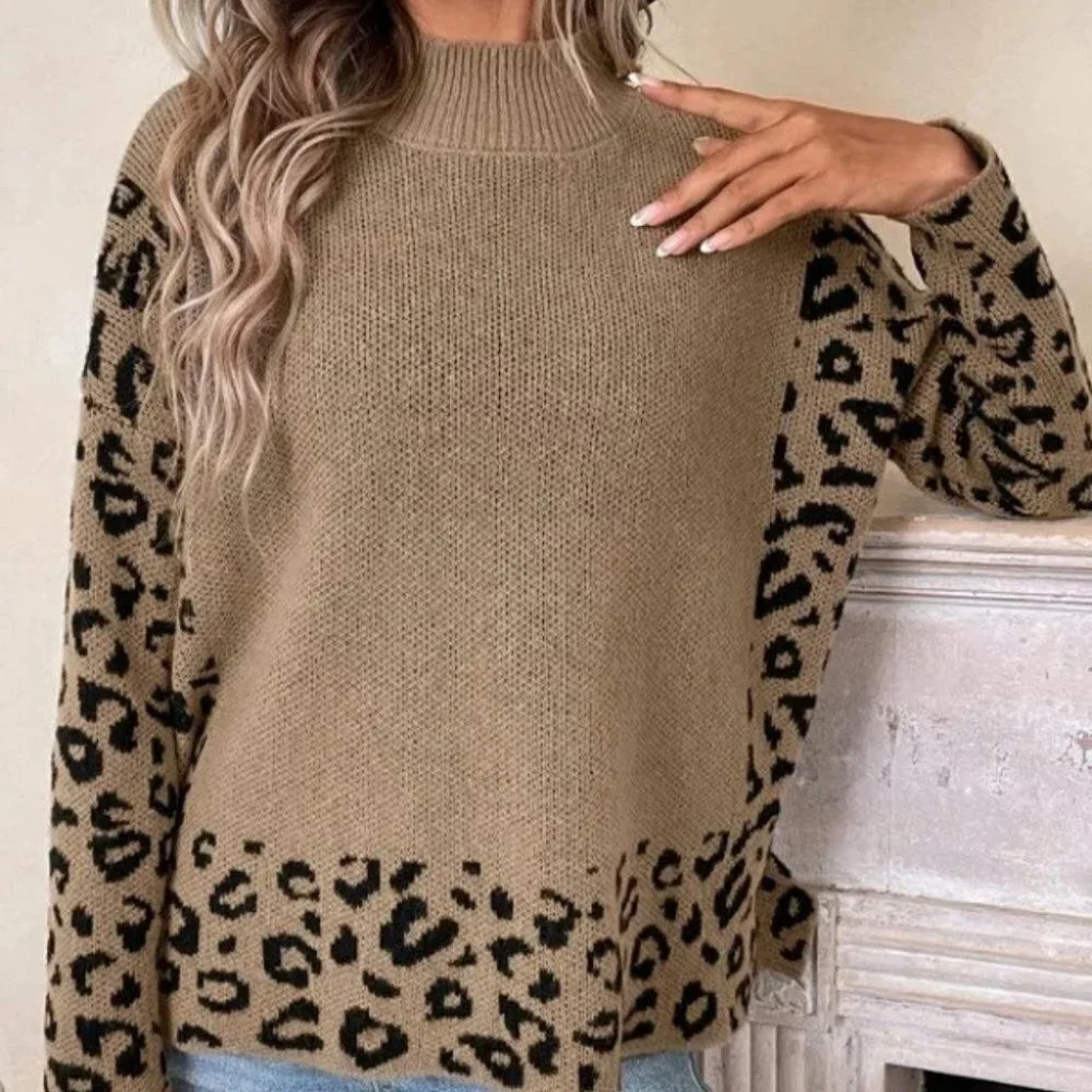 Leopard Mock Neck  knit Sweater top fall winter tan black